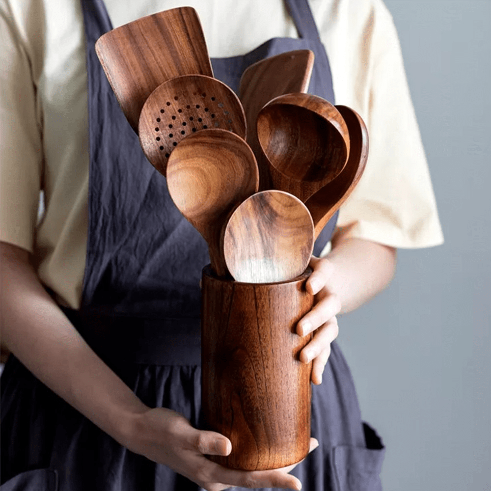 Wooden Kitchen Utensils, Teak Wood Kitchen Utensil Set 10 Piece, Wooden Cooking Tool Set for Non Stick Pans_02