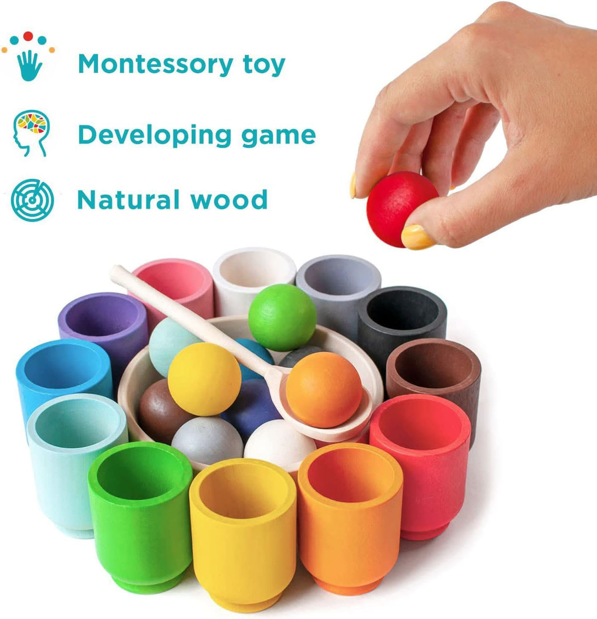 Sensory Toys for 3 Year Olds, Wooden Toy Colour Sorting Set with Balls and Cups – image 5