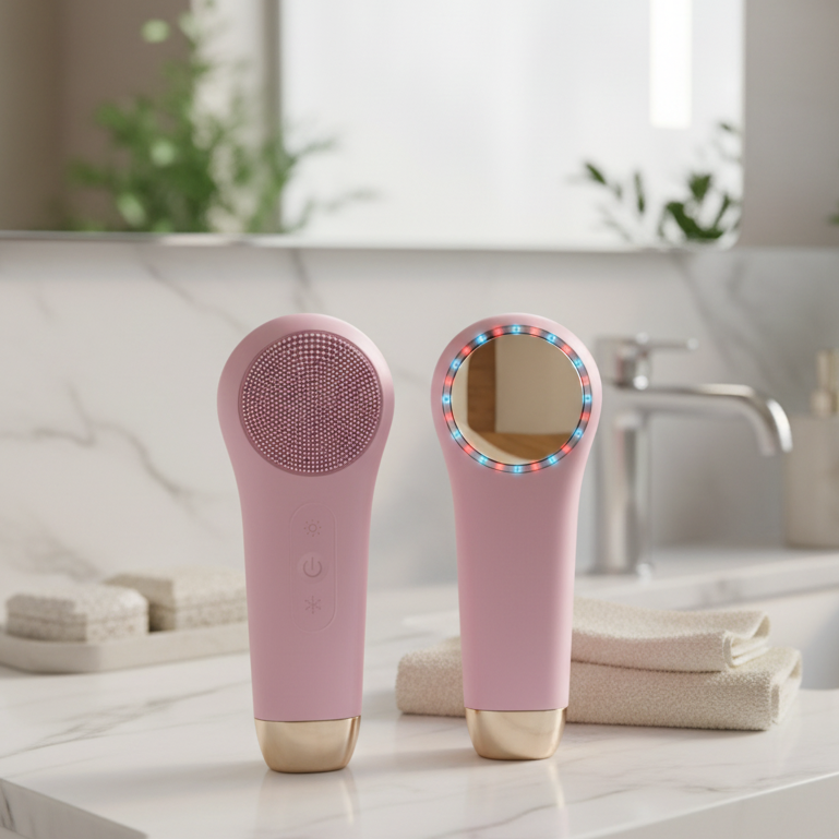 Facial Brush, Silicone Face Cleansing Brush with Heat and Cold, Face Scrubber, Facial Massager with Red Light Therapy