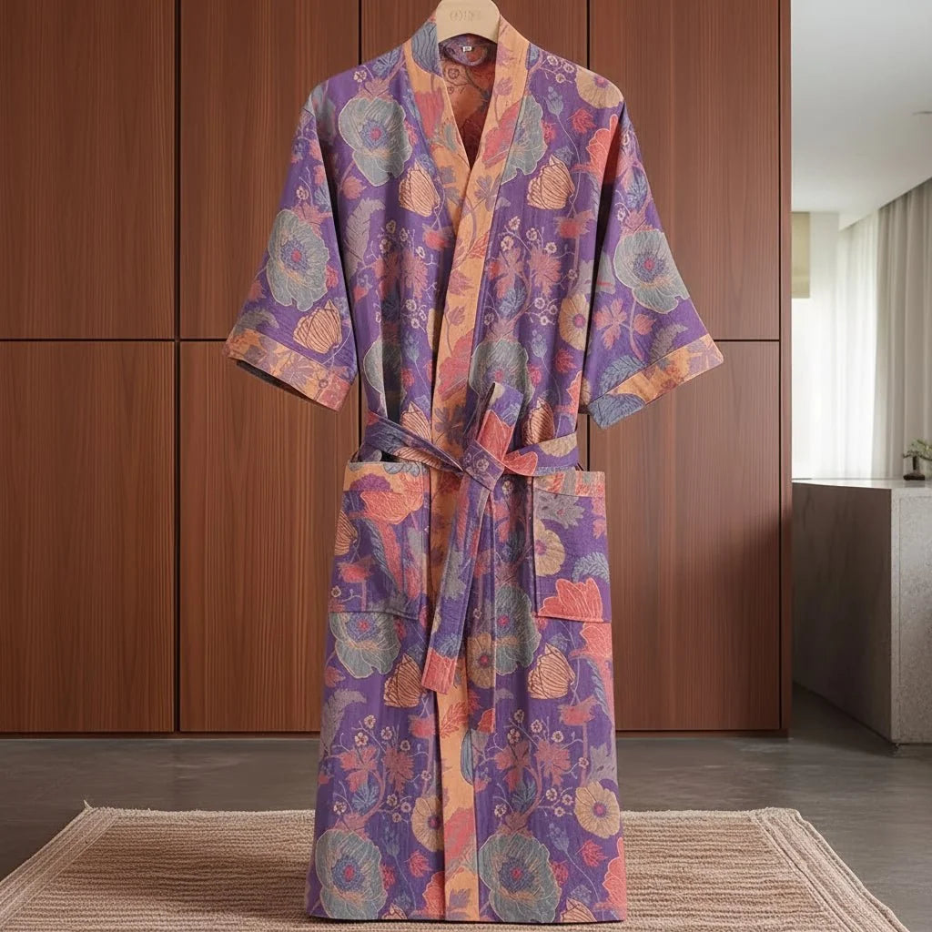 Kimono Bathrobe, Gauze Cotton Dressing Gown with Waist Tie, Reversible Kimono Robe for Loungewear, Cotton House Coat_05