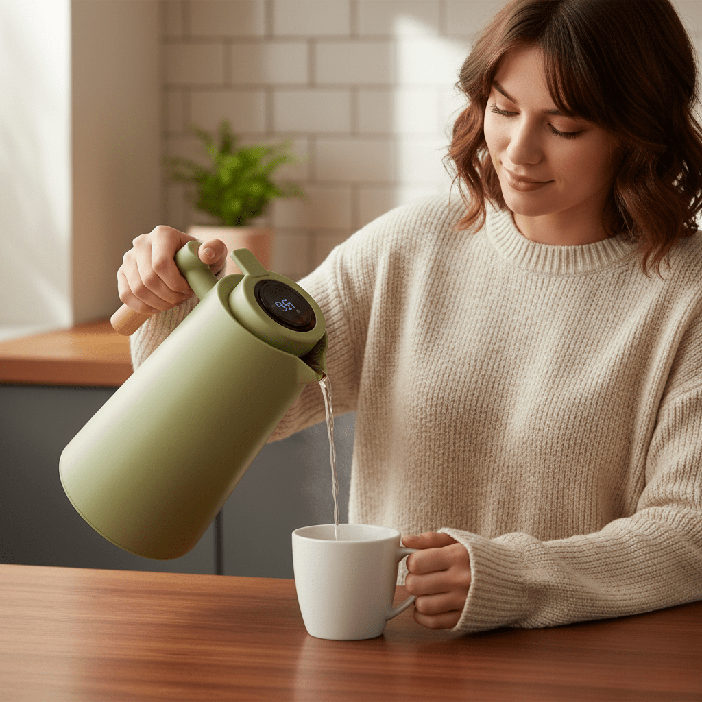 Thermos Flask 1 Litre, Hot Drinks Flask with Temperature Display, Double Walled Thermal Flask with Wooden Handle_04
