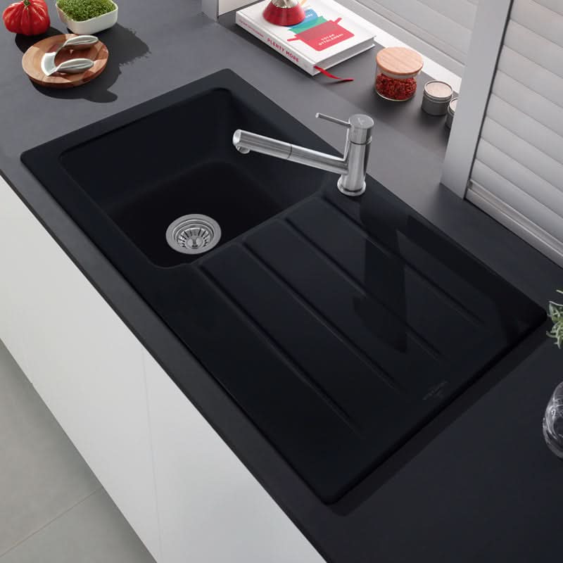 Black Ceramic Washbasin 50 x 42 cm, Wall Hung Basin or Vanity Unit Basin, Glossy Black Bathroom Sink with Overflow_00