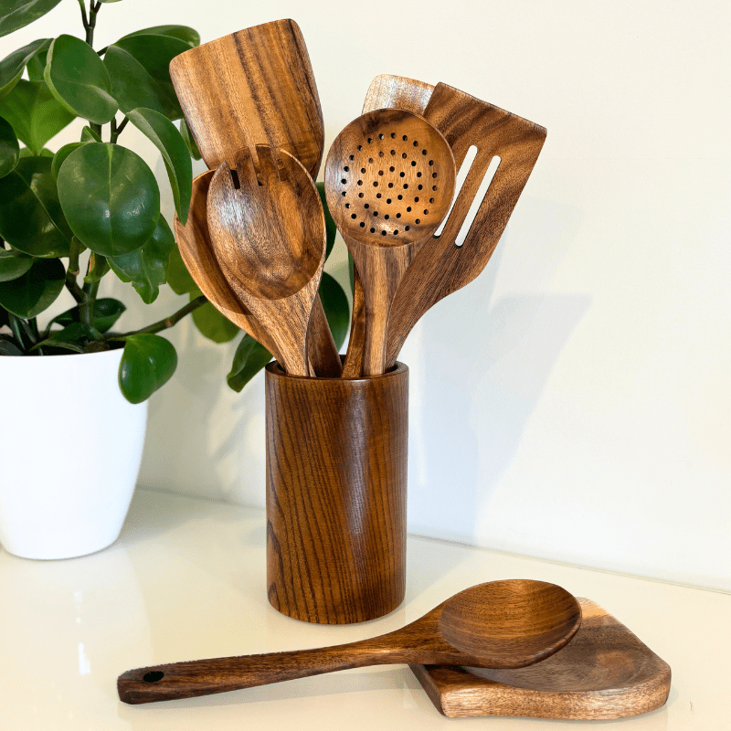 Wooden Kitchen Utensils Set, Teak Cooking Utensils for Non Stick Pans, Wooden Utensil Set, Kitchen Accessories