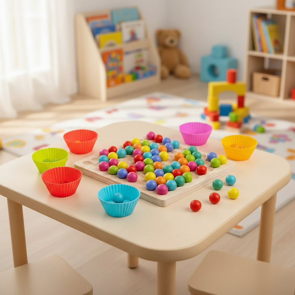 Colour Sorting and Counting Game, Montessori Toys with 80 Wooden Beads and Tray, Educational Toys for 3 Year Olds