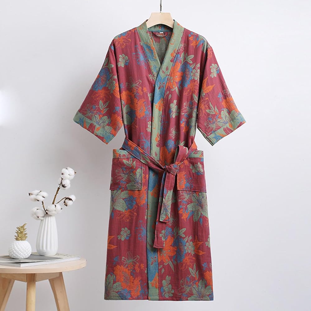Kimono Bathrobe, Gauze Cotton Dressing Gown with Waist Tie, Reversible Kimono Robe for Loungewear, Cotton House Coat_10