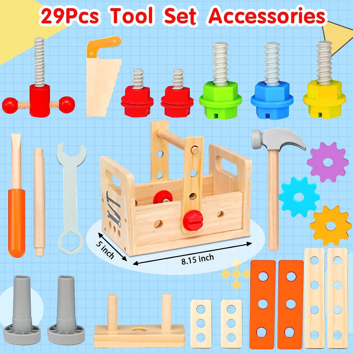 Wooden Workbench, Wooden Tool Box with Tools and 29 Piece Tool Set, Wooden Toys for Hammering, Construction Toys_01
