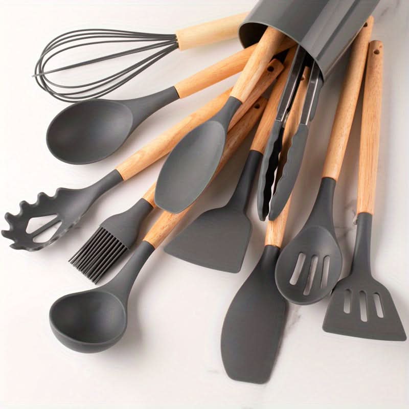 Silicone Kitchen Utensil Set, 12 Piece Kitchen Utensils with Wooden Handles, Cooking Utensils for Non Stick Pans_07