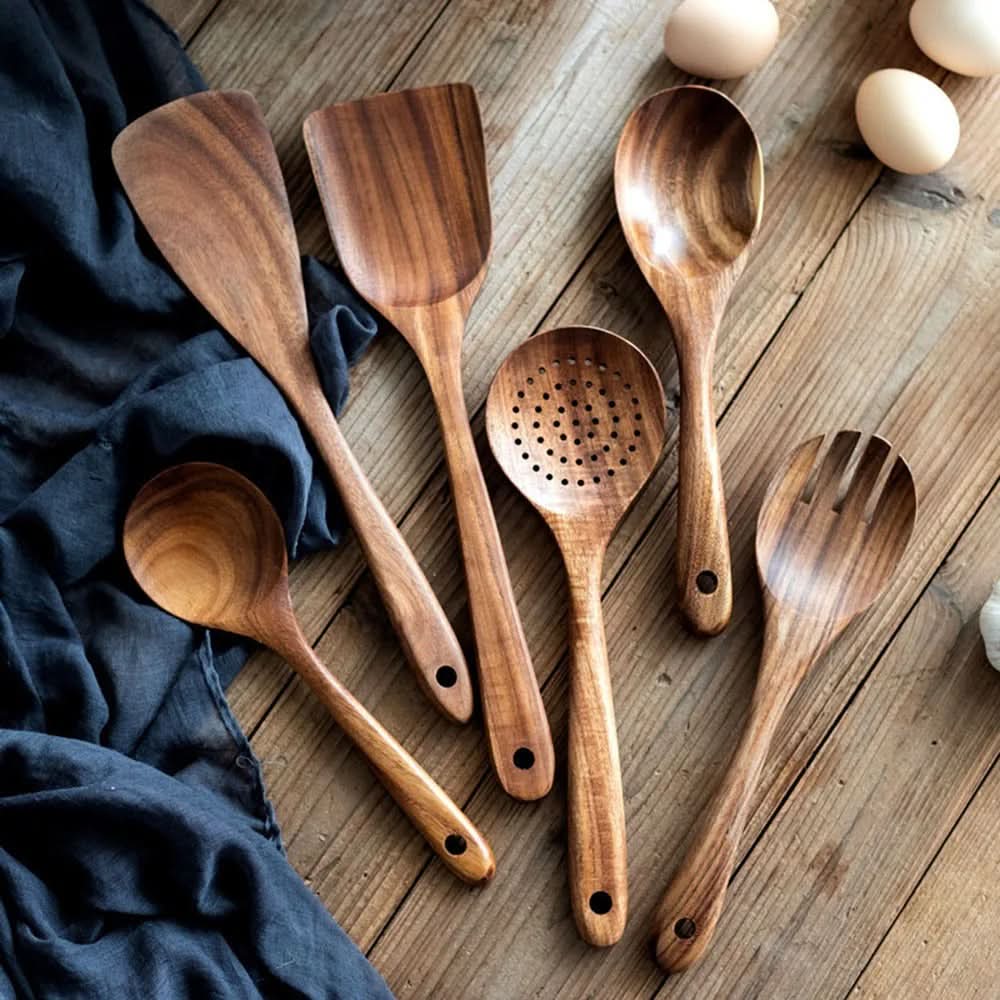Wooden Kitchen Utensils, Teak Wood Kitchen Utensil Set 10 Piece, Wooden Cooking Tool Set for Non Stick Pans_08