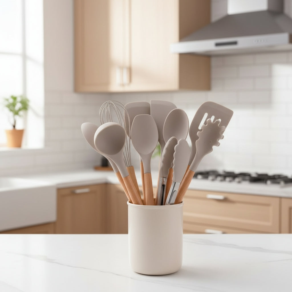 Silicone Kitchen Utensil Set, 12 Piece Kitchen Utensils with Wooden Handles, Cooking Utensils for Non Stick Pans_00