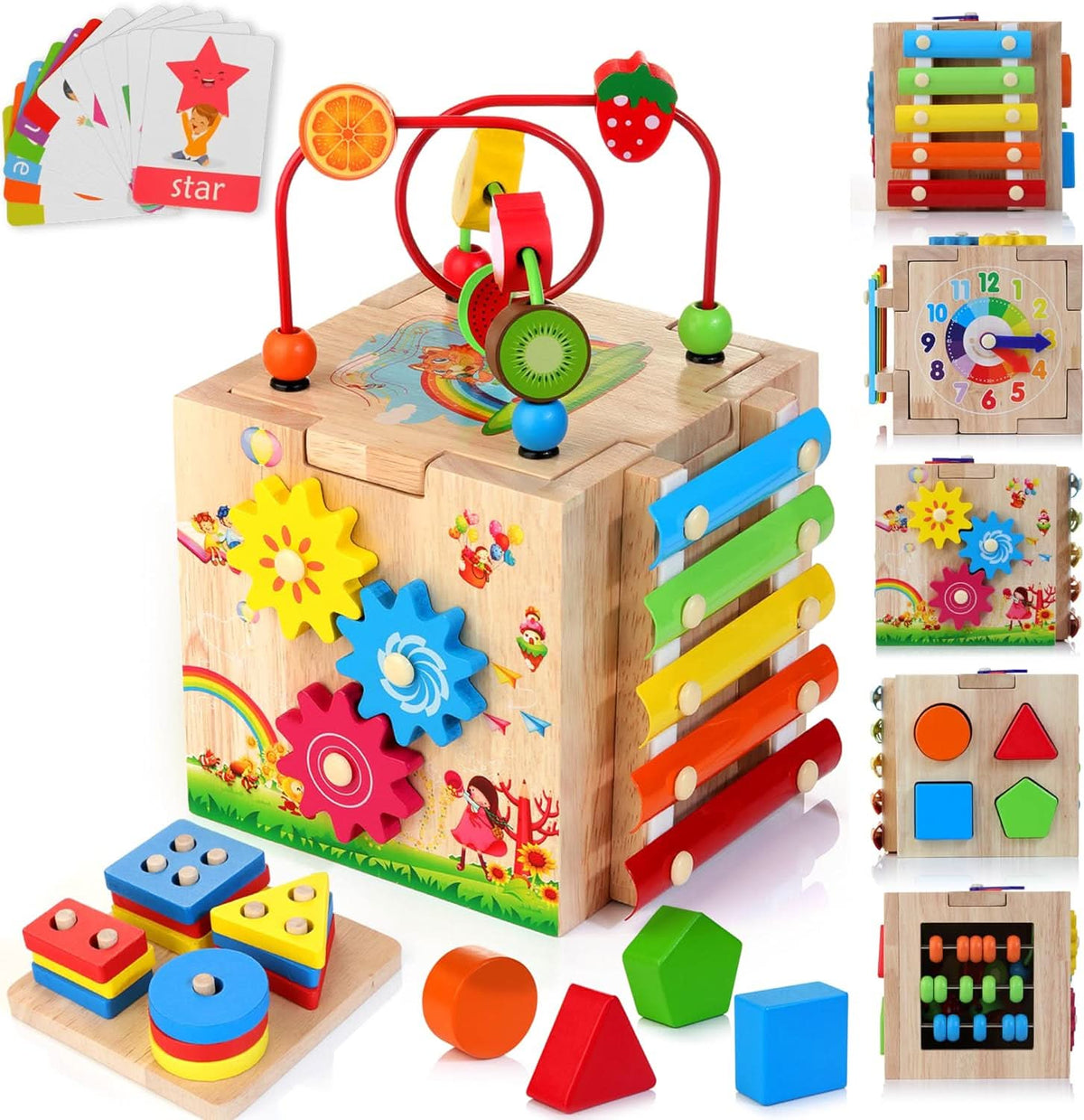 Wooden Activity Cube 8 in 1 with Bead Maze and Xylophone, Sensory Toys for 1 Year Olds
