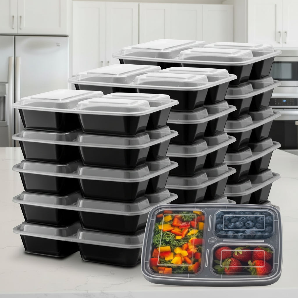 Bento Lunch Boxes, 3 Compartment Meal Prep Containers, 10 Pack Bento Box 900 ml, Food Storage Containers, Tupperware_00