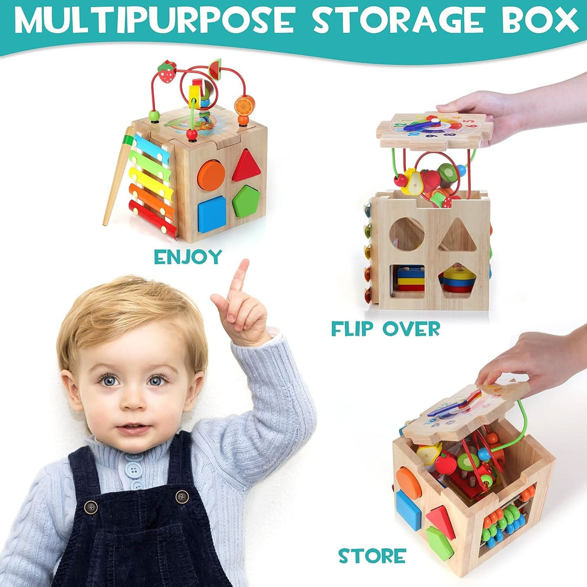 Wooden Activity Cube 8 in 1 with Bead Maze and Xylophone, Sensory Toys for 1 Year Olds – image 5