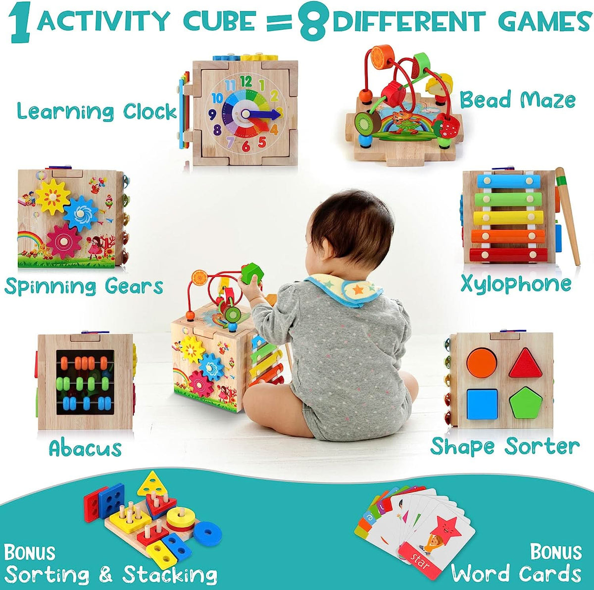 Wooden Activity Cube 8 in 1 with Bead Maze and Xylophone – image 4