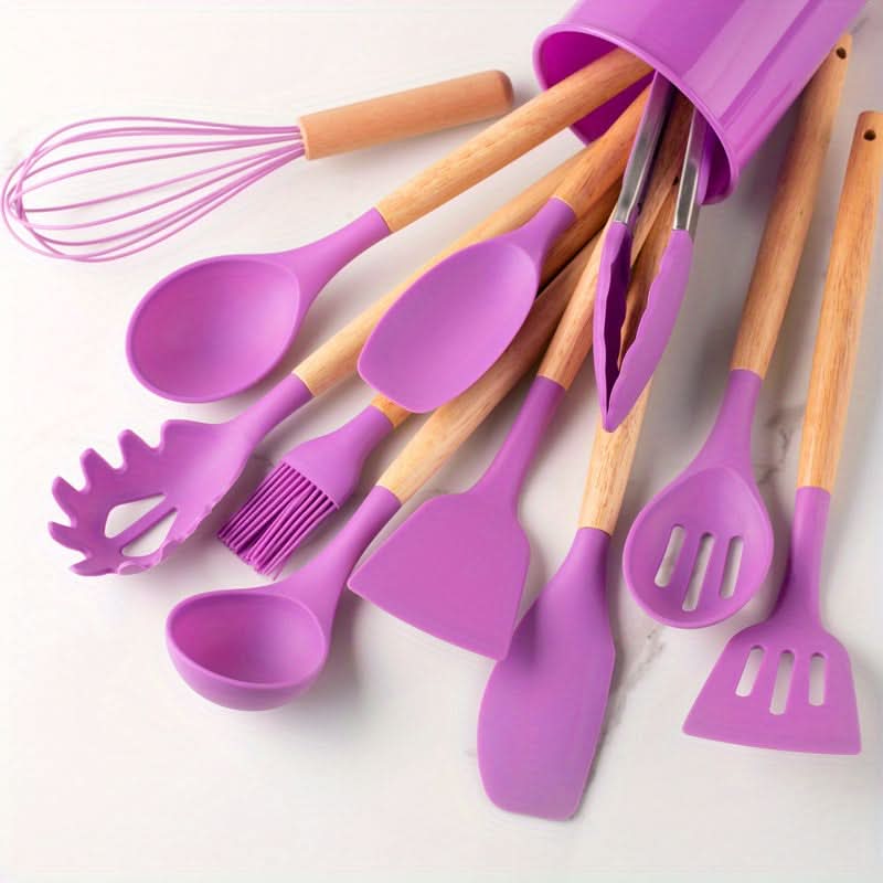 Silicone Kitchen Utensil Set, 12 Piece Kitchen Utensils with Wooden Handles, Cooking Utensils for Non Stick Pans_09