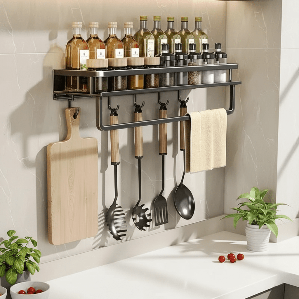 Kitchen Wall Shelf, Spice Rack Wall Mounted, Black Metal Kitchen Shelves 30 40 or 50 cm with Optional Hook Rod_00
