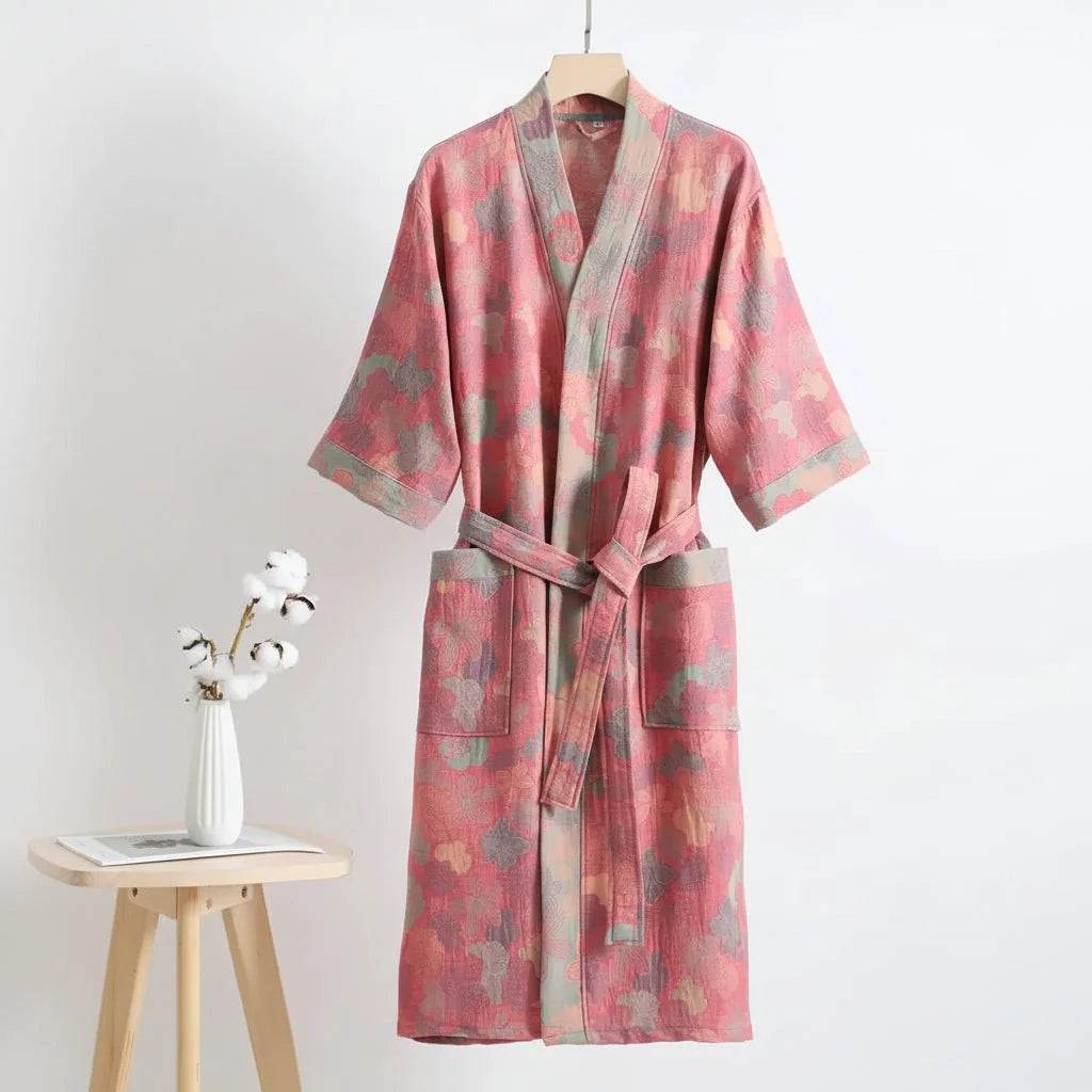Kimono Bathrobe, Gauze Cotton Dressing Gown with Waist Tie, Reversible Kimono Robe for Loungewear, Cotton House Coat_11
