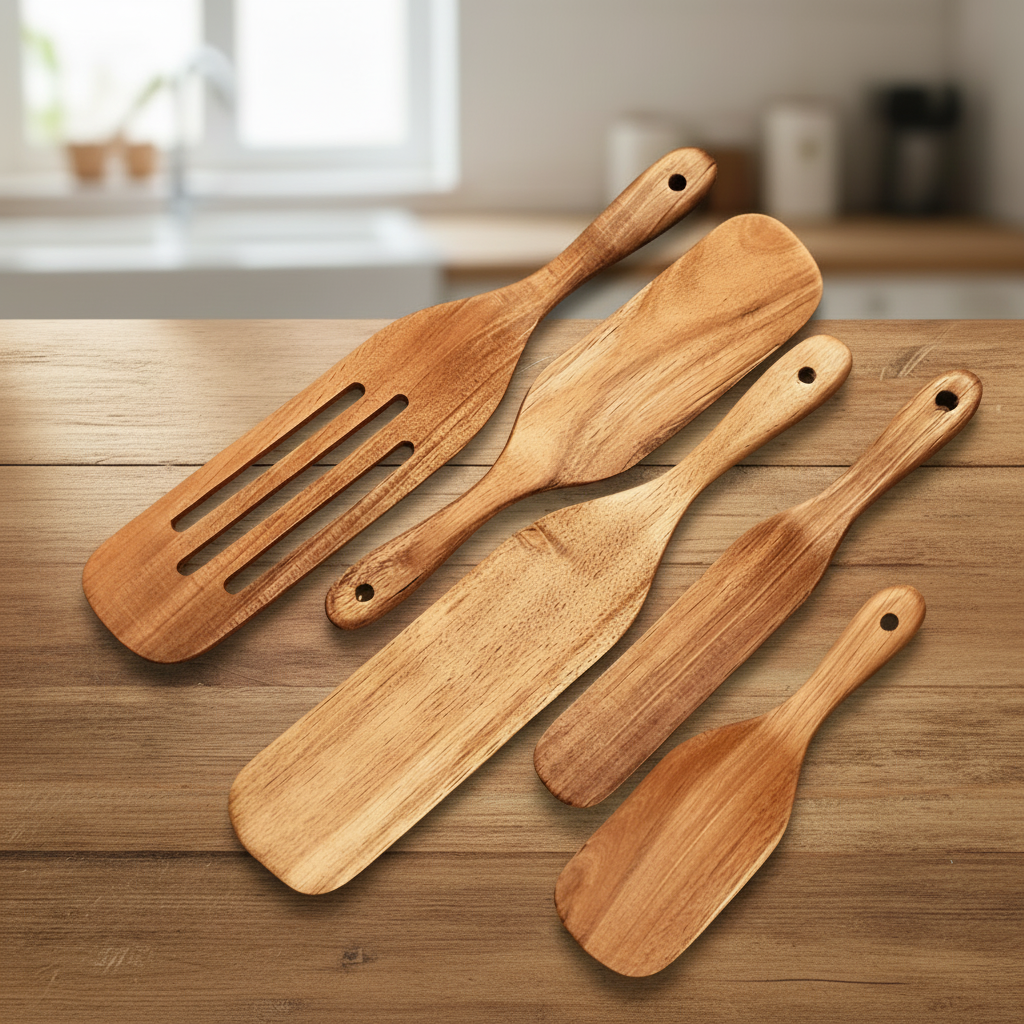 Teak Wooden Kitchen Utensil Set, 4 or 5 Piece Wooden Cooking Utensils, Wooden Spoons and Spatula for Non Stick Pans_00