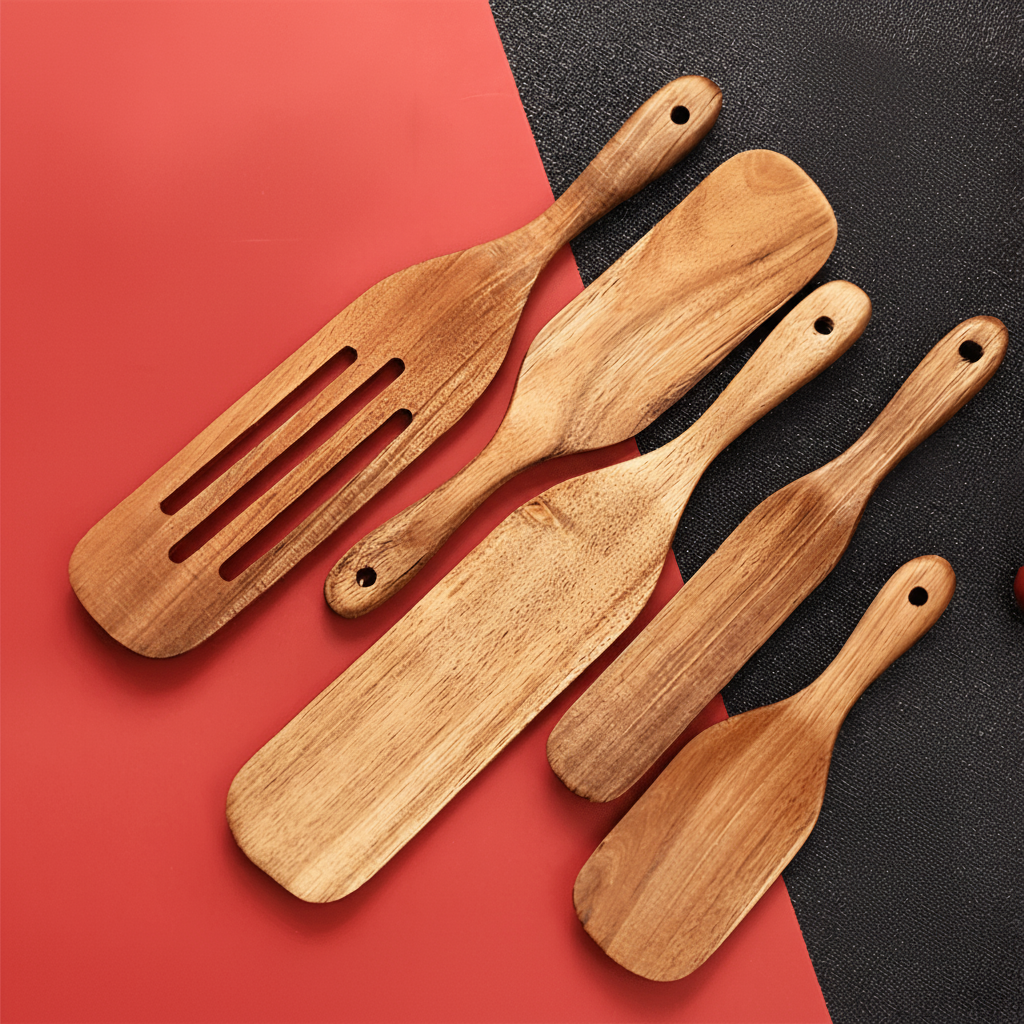 Teak Wooden Kitchen Utensil Set, 4 or 5 Piece Wooden Cooking Utensils, Wooden Spoons and Spatula for Non Stick Pans_04