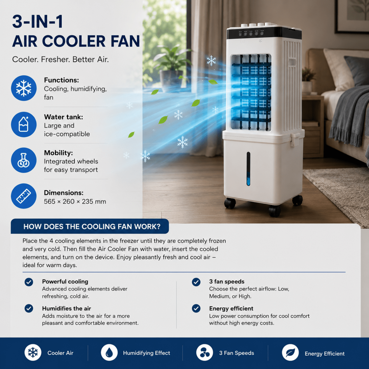 Portable Air Cooler 3 in 1, Air Cooler Fan with Humidifying Function and Remote, Evaporative Air Cooler on Wheels_03