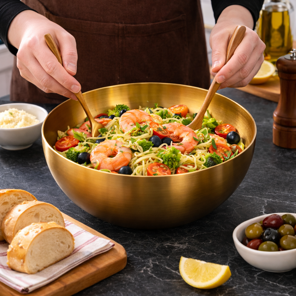Pasta Bowl, Ramen Bowl in Gold, Large Stainless Steel Serving Bowl for Salad and Soup