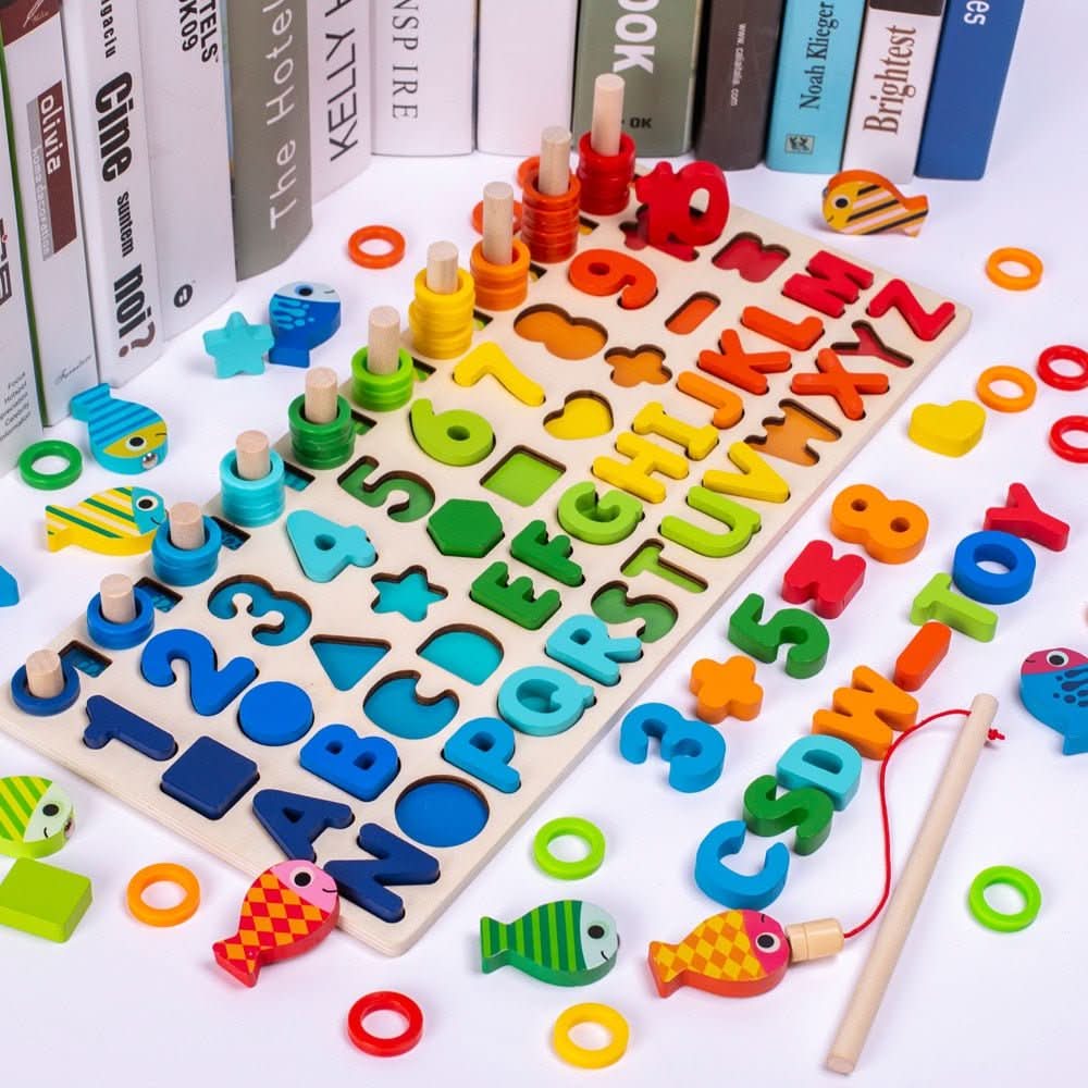 Wooden Learning Board, Fishing Game, Counting Game, Montessori Toys for Shapes and Numbers, Educational Wooden Toys