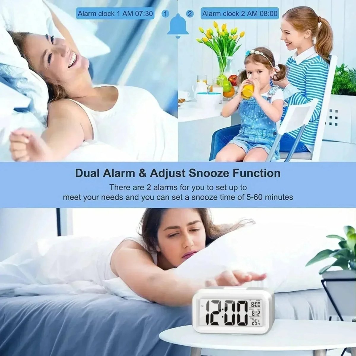 Digital Alarm Clock Battery Operated, Small Digital Clock with Day and Date