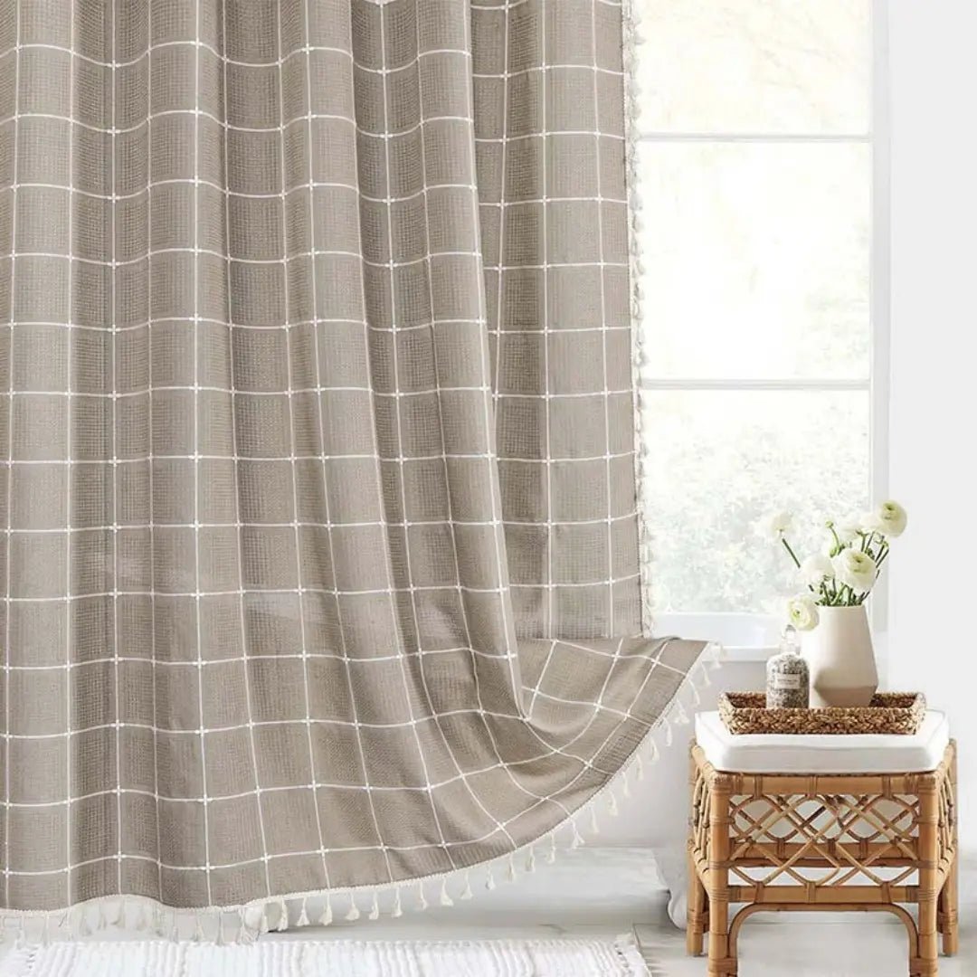Shower Curtains, Linen Shower Curtain with Hooks, Waterproof Shower Curtain with Tassels, Boho Bathroom Accessories_00