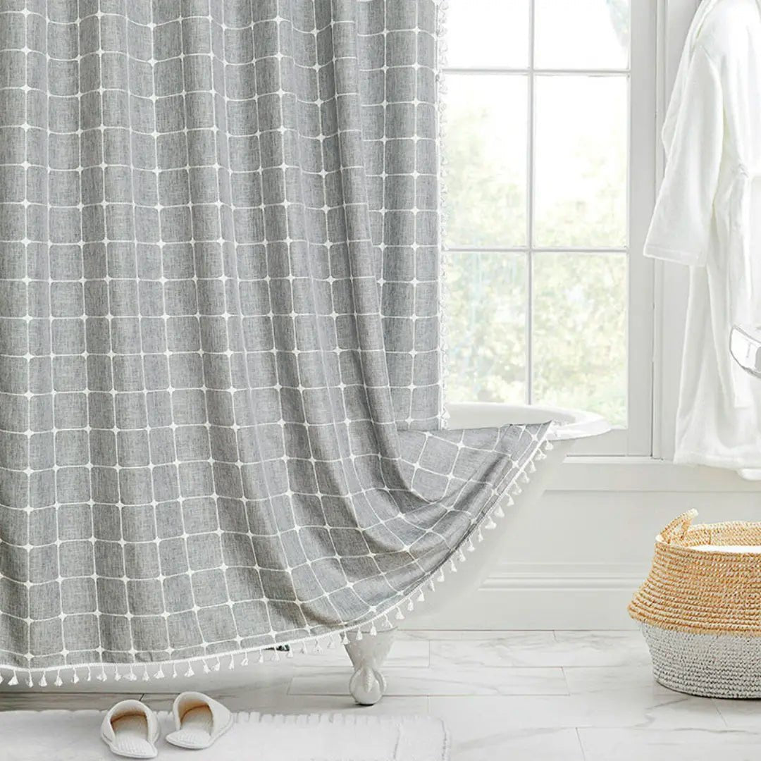 Shower Curtains, Linen Shower Curtain with Hooks, Waterproof Shower Curtain with Tassels, Boho Bathroom Accessories_02