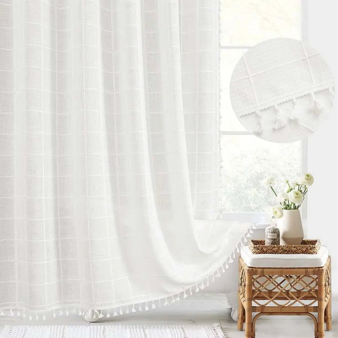 Shower Curtains, Linen Shower Curtain with Hooks, Waterproof Shower Curtain with Tassels, Boho Bathroom Accessories_04