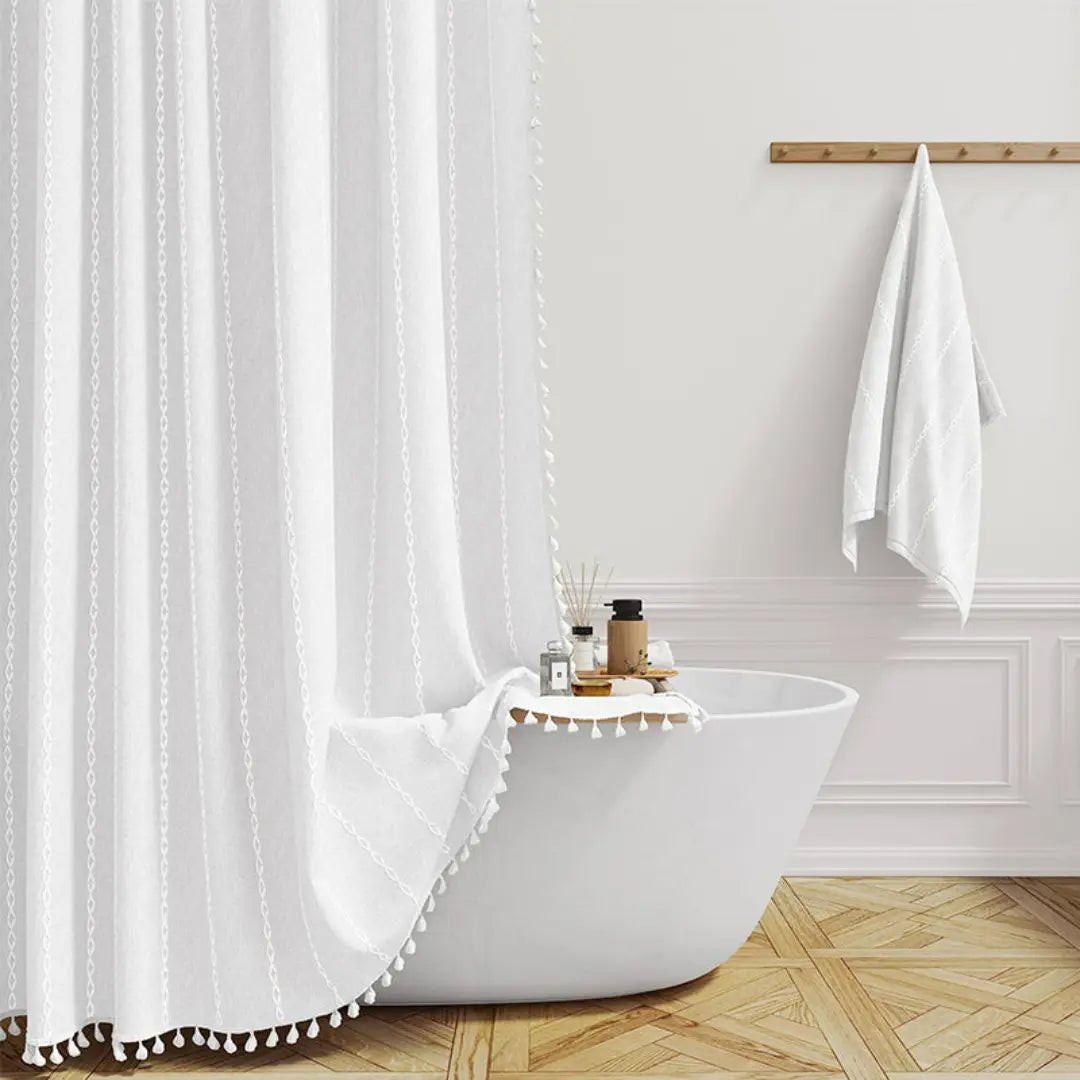 Shower Curtains, Linen Shower Curtain with Hooks, Waterproof Shower Curtain with Tassels, Boho Bathroom Accessories_06
