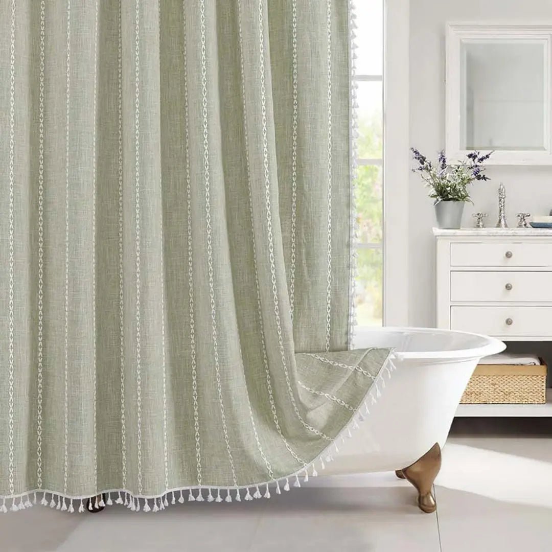 Shower Curtains, Linen Shower Curtain with Hooks, Waterproof Shower Curtain with Tassels, Boho Bathroom Accessories_07