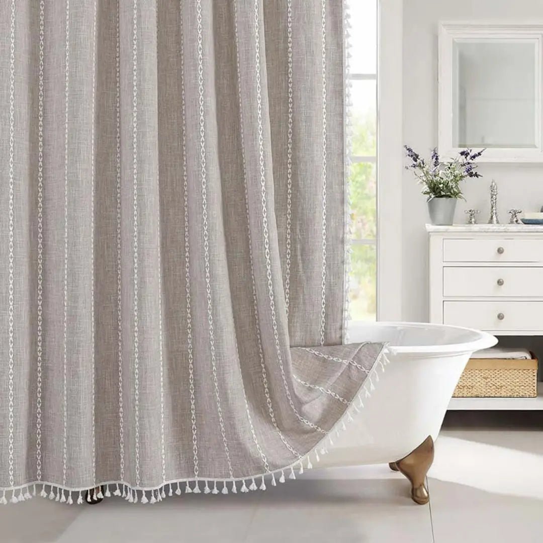 Shower Curtains, Linen Shower Curtain with Hooks, Waterproof Shower Curtain with Tassels, Boho Bathroom Accessories_08