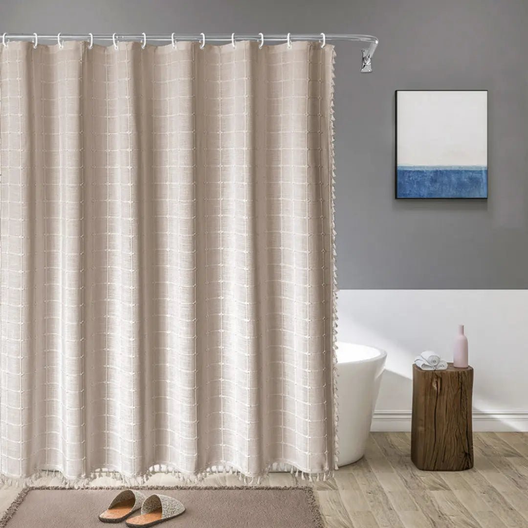 Shower Curtains, Linen Shower Curtain with Hooks, Waterproof Shower Curtain with Tassels, Boho Bathroom Accessories_01