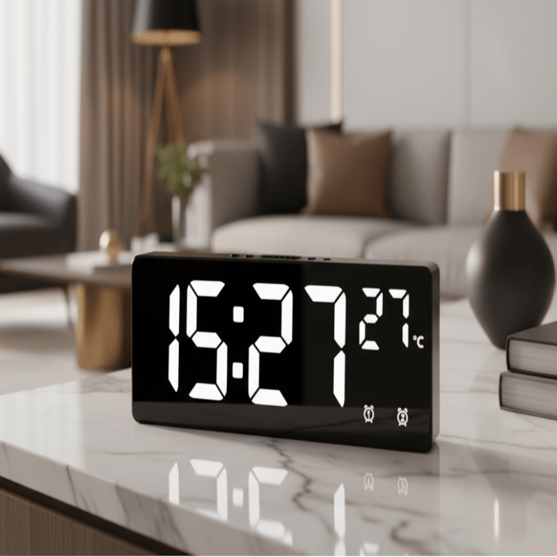 Digital Alarm Clock with Mirror LED Display, Bedside Clock with Voice Control and Dual Alarm, Digital Clock for Bedroom_00