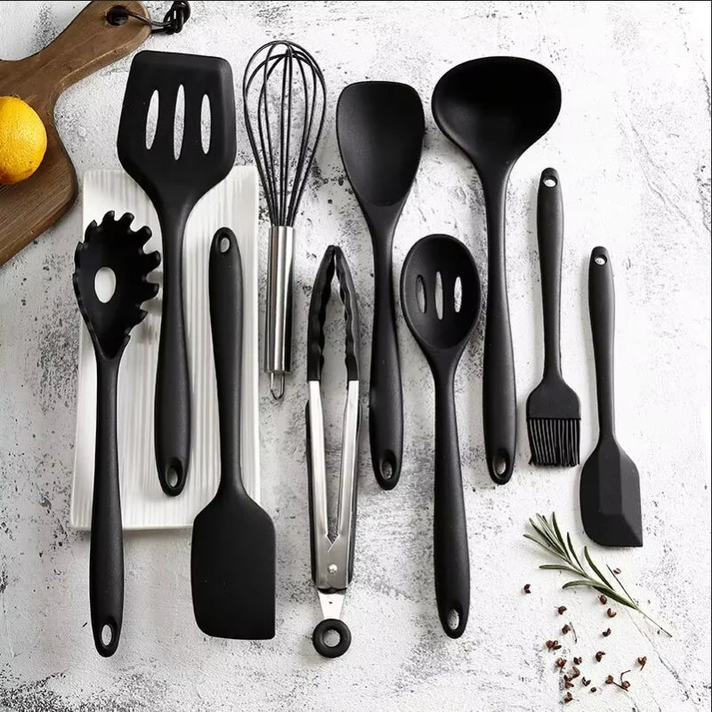 Kitchen Utensils Set, Silicone Kitchen Utensil Set 10 Piece, Heat Resistant Cooking Utensils with Steel Handles_01
