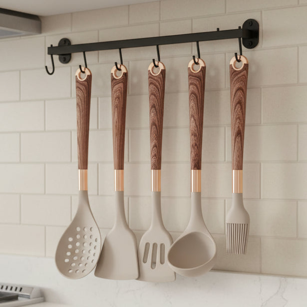 Kitchen Utensils Set with Holder, 10 Piece Silicone Cooking Utensils, Kitchen Utensil Set with Wood Look Handles_00