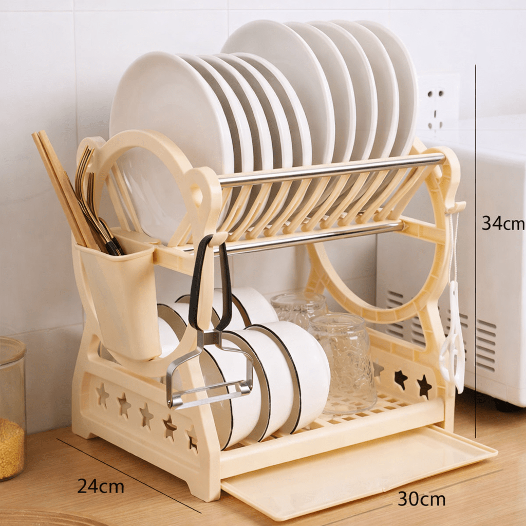 Dish Drainer with Drip Tray, 2 Tier Dish Rack with Cutlery Holder, Sink Drainer, Dish Drying Rack for Kitchen_04