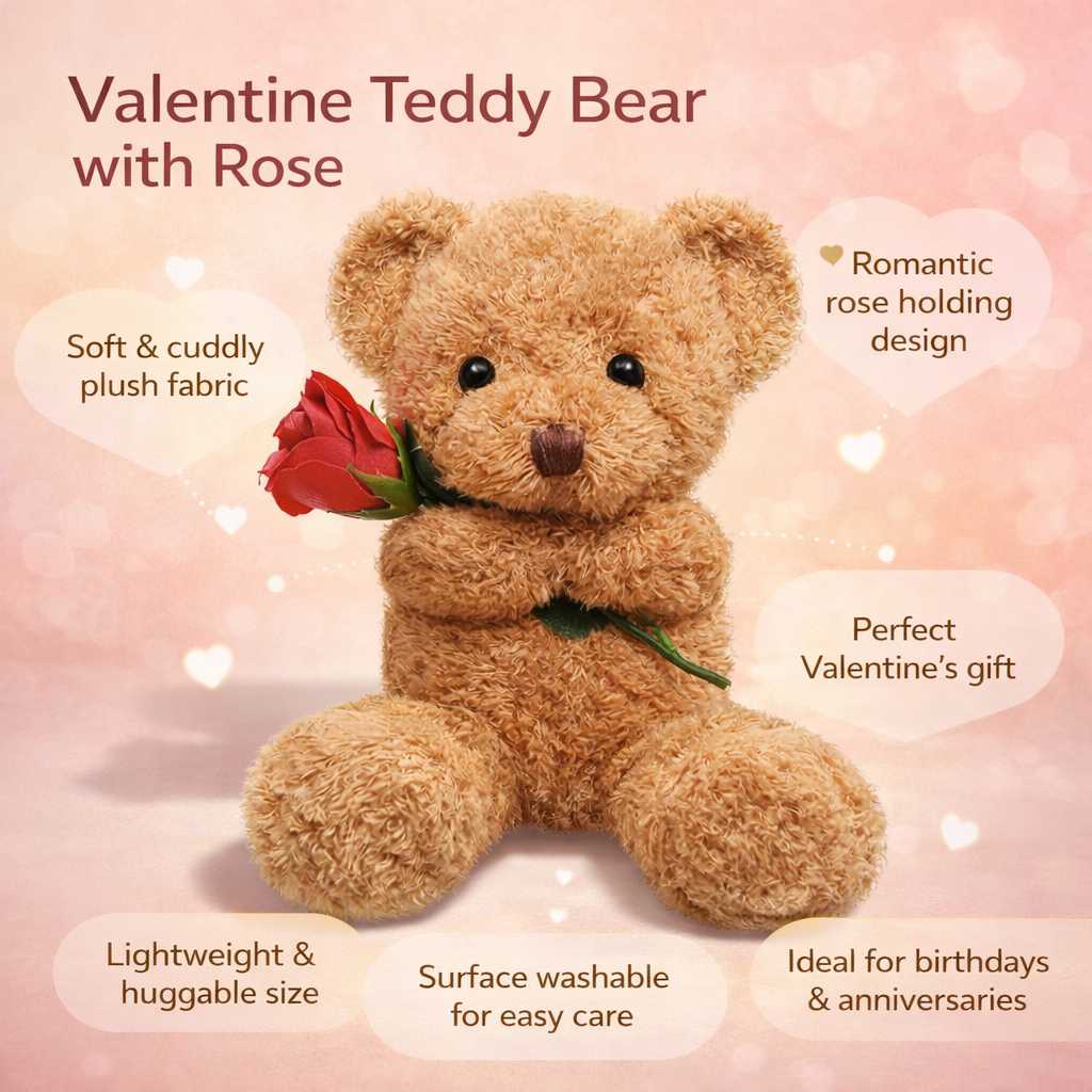 Cuddly Plush Bear | Soft Stuffed Animal with Romantic Rose Design | Ideal Gift for Affectionate Moments 2
