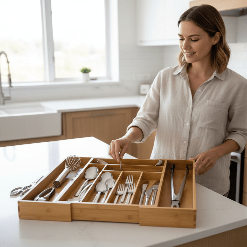Kitchen Drawer Organiser, Bamboo Cutlery Tray, Expandable Cutlery Drawer Organiser, Wooden Cutlery Holder_01