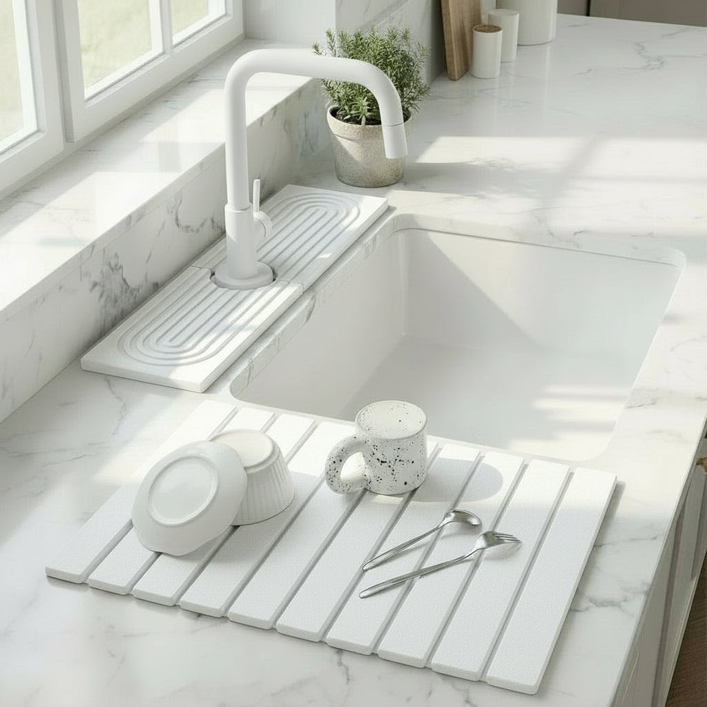 Stone Dish Drying Mat, Diatomite Sink Mat with Tap Cutout, Draining Board Mat for Kitchen and Bathroom_00