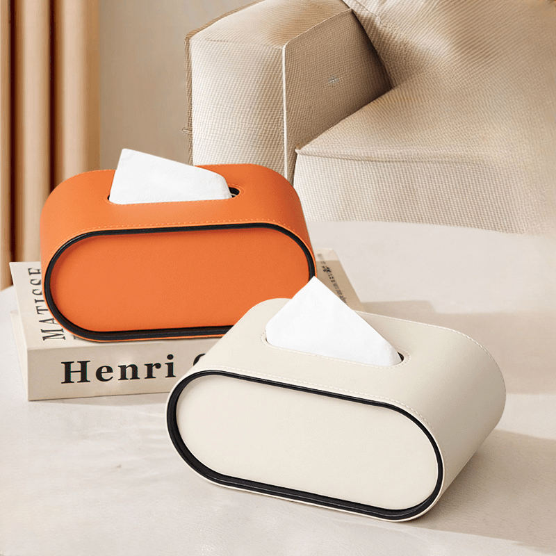 Tissue Box Cover, Oval Leather Tissue Box Holder with Contrast Piping, Bathroom Accessories and Home Decor_01