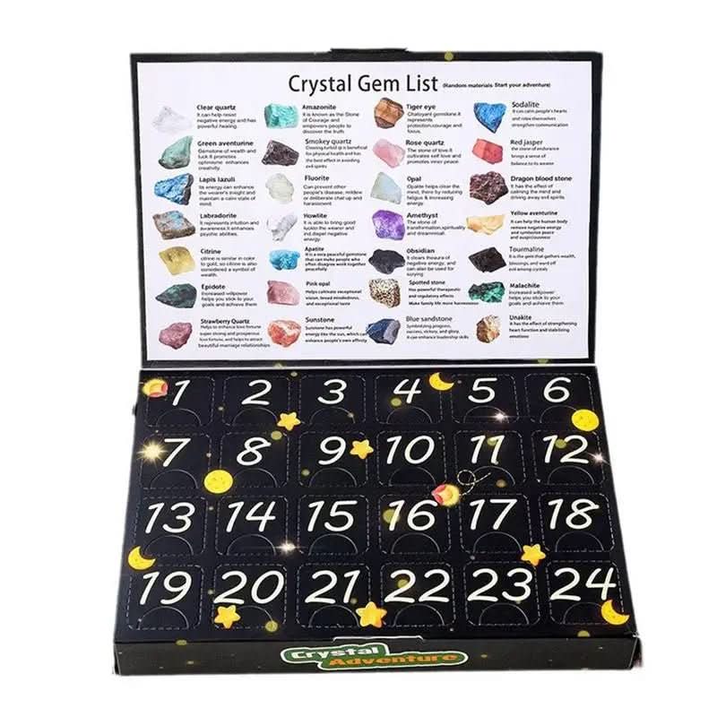 Kids Advent Calendar with 24 Natural Crystals, Countdown to Christmas with Guide