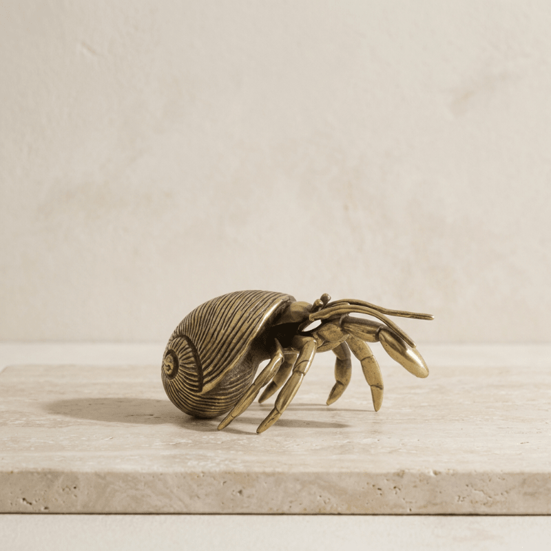 Brass Hermit Crab Figurine, Shelf Ornament for Tables and Display Cases, Coastal Decor, Nautical Home Decor