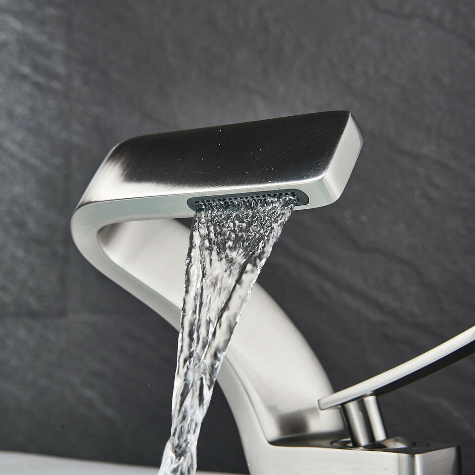Elegant Curved Faucet | Waterfall Spout & Dual Handle Controls | Modern Design for Effortless Flow in Kitchen and Bathroom 1