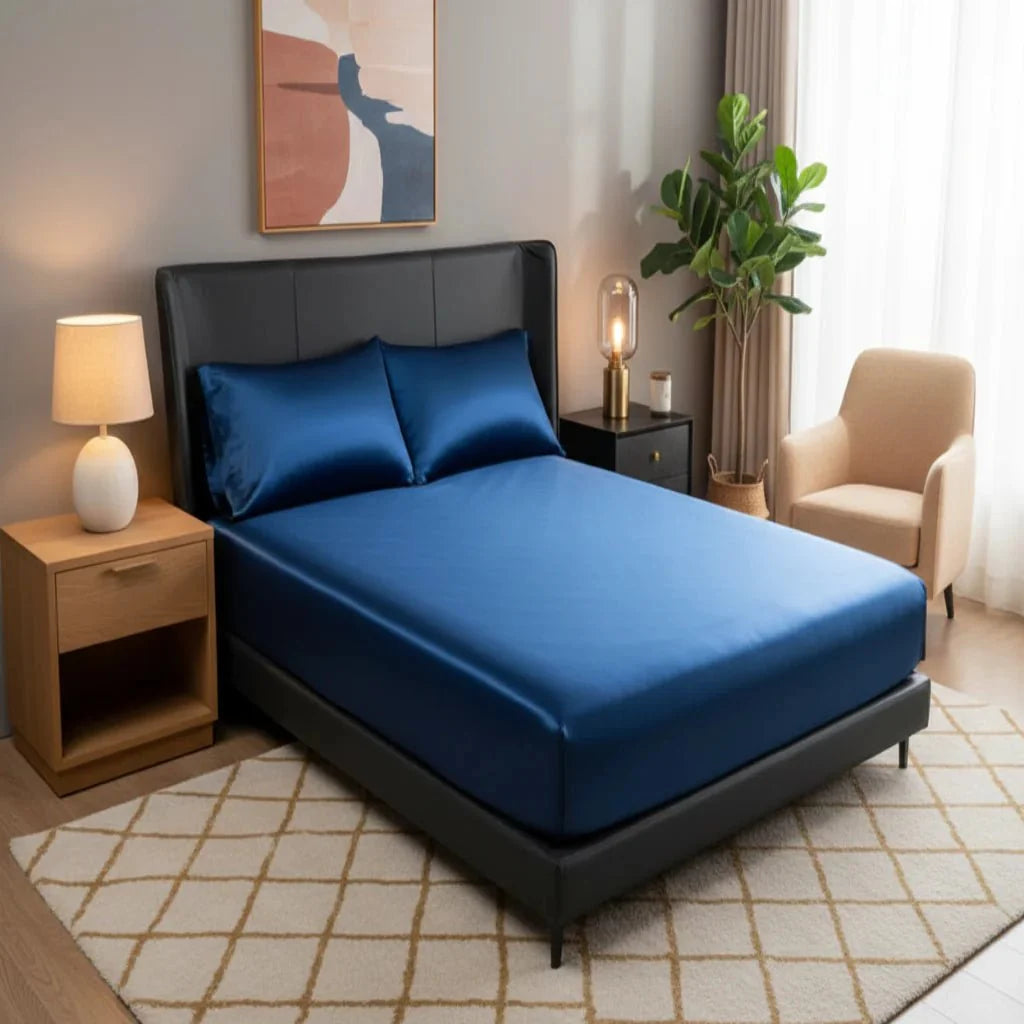 Fitted Bed Sheet, Cooling Fitted Sheet in Ice Silk Satin, Satin Bed Sheet with Elastic in 99x190 to 180x200 cm_00