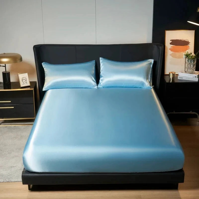Fitted Bed Sheet, Cooling Fitted Sheet in Ice Silk Satin, Satin Bed Sheet with Elastic in 99x190 to 180x200 cm_02