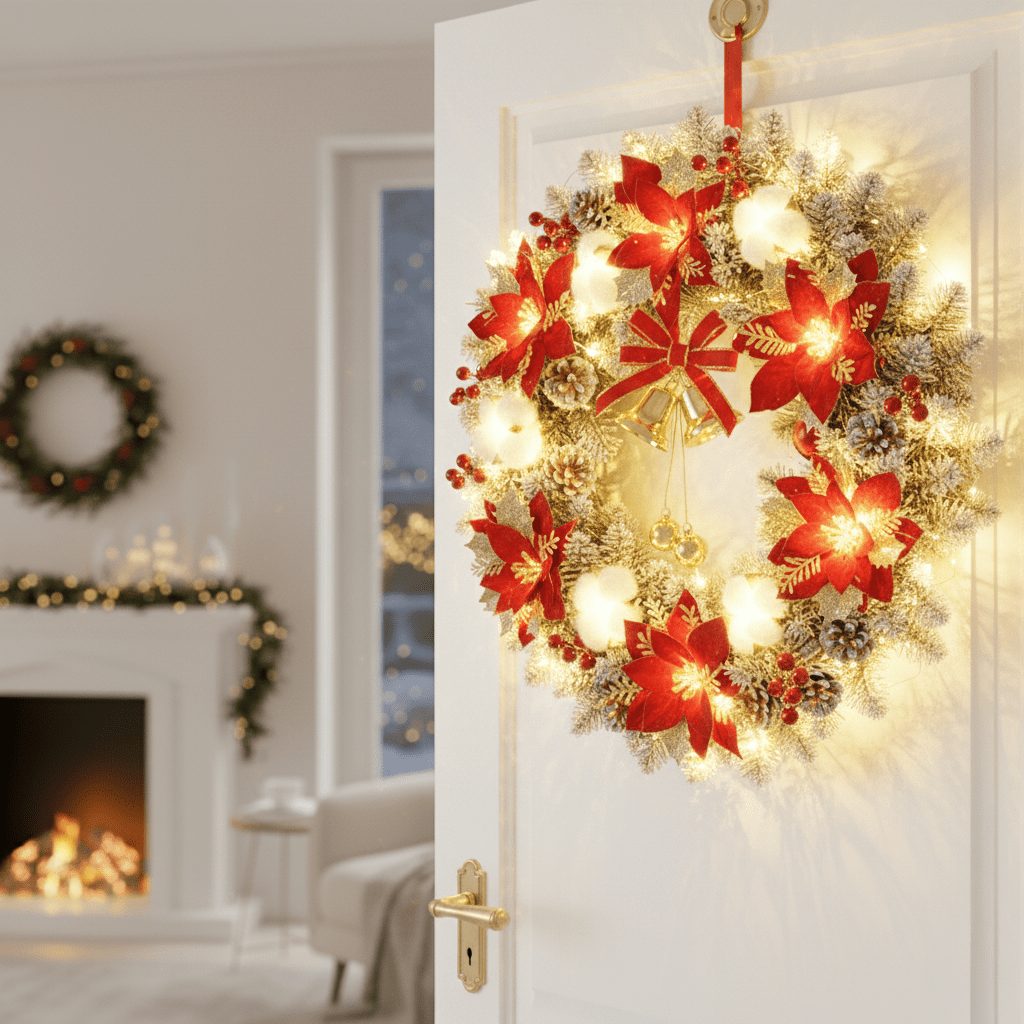 Christmas Wreath with Lights and Bells, Light Up Christmas Door Wreath, Front Door Wreath, Christmas Decorations