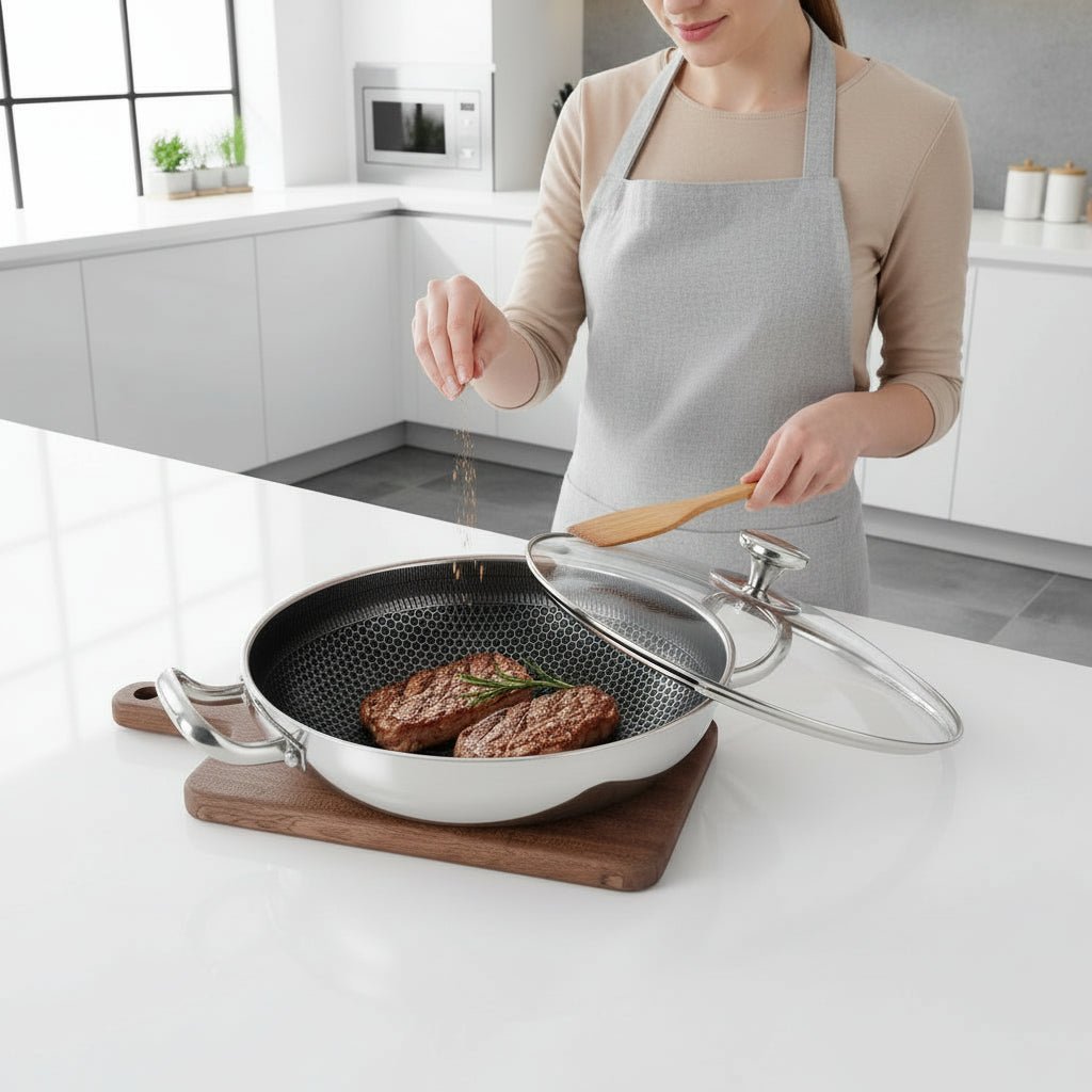 Stainless Steel Pan, 32 cm Non Stick Frying Pan with Honeycomb Base, Stainless Steel Skillet for Induction and Gas Hobs_01