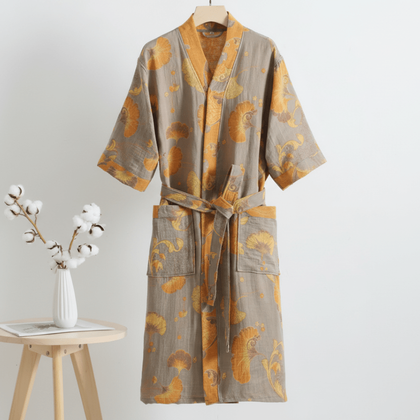 Kimono Bathrobe, Gauze Cotton Dressing Gown with Waist Tie, Reversible Kimono Robe for Loungewear, Cotton House Coat_02