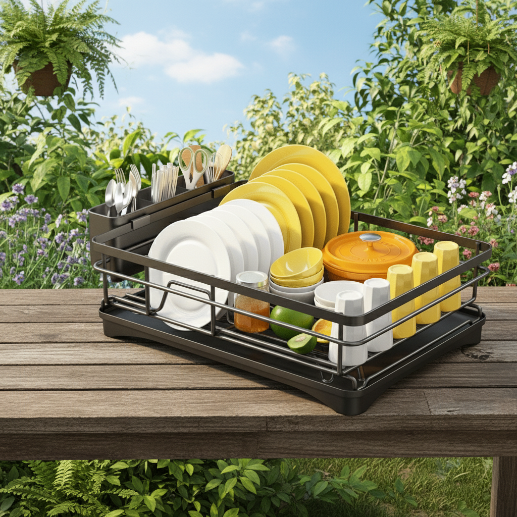 Large Dish Drainer with Drip Tray, Dish Drying Rack for Plates and Bowls, Sink Drainer for Cutlery_03
